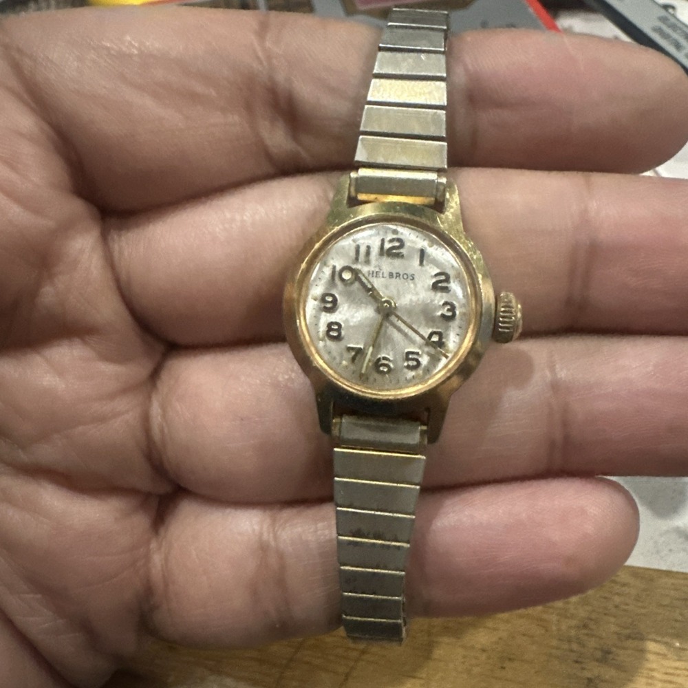Working Vintage Helbros Manual Wind Ladies Watch Gold Tone 21mm Fit 6.5" Runs